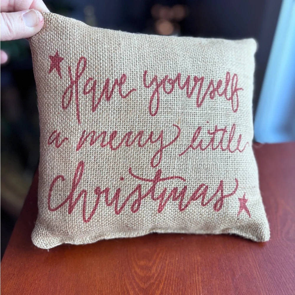 Christmas Pillow Burlap Red Script 8x8